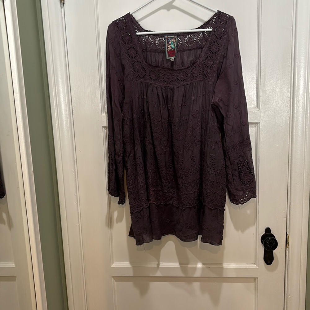 Johnny Was Purple embroidered Long Sleeve tiered tunic medium